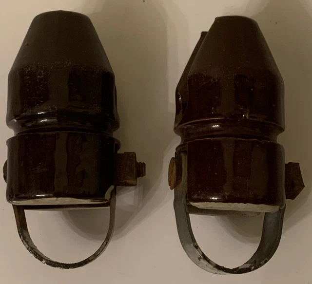 Vintage Glazed Brown Ceramic Porcelain Power Line Insulator Lot Of 2