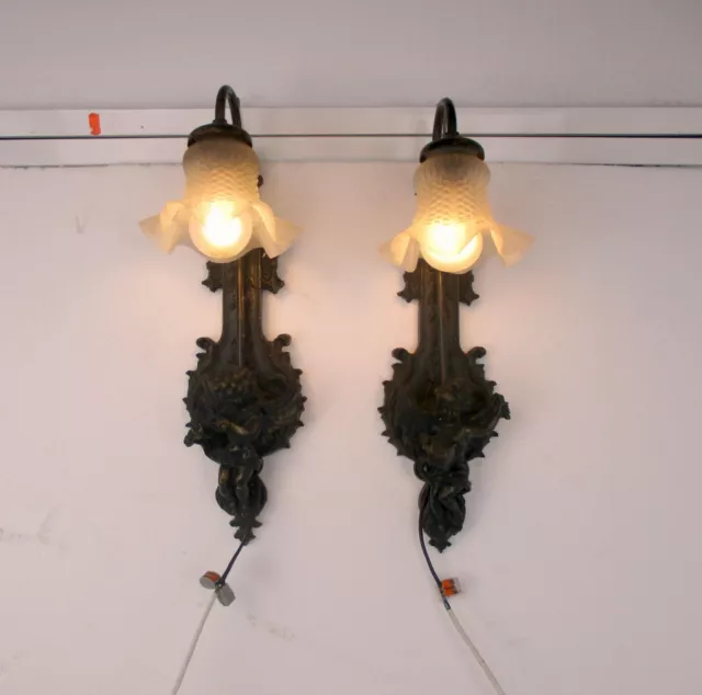 Pair Gorgeous Wall Sconces Putti Cherub Angels Rococo Resin Glass Shades  HTF 2