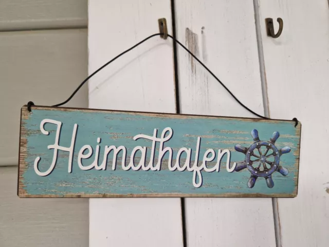 Schild Maritim Heimathafen Metall Blau 20xH6cm + 7cm