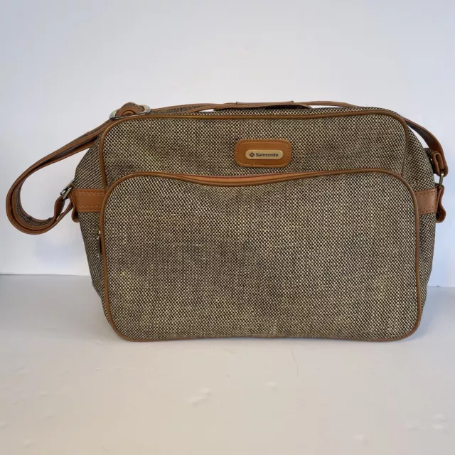 Vintage Samsonite Brown Tweed Carry-On Shoulder Bag Luggage 17X11X6