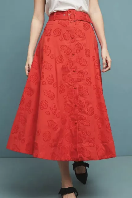 New Anthropologie Sandra Belted Skirt Maeve Red size 4 Midi 3D $160 NWT