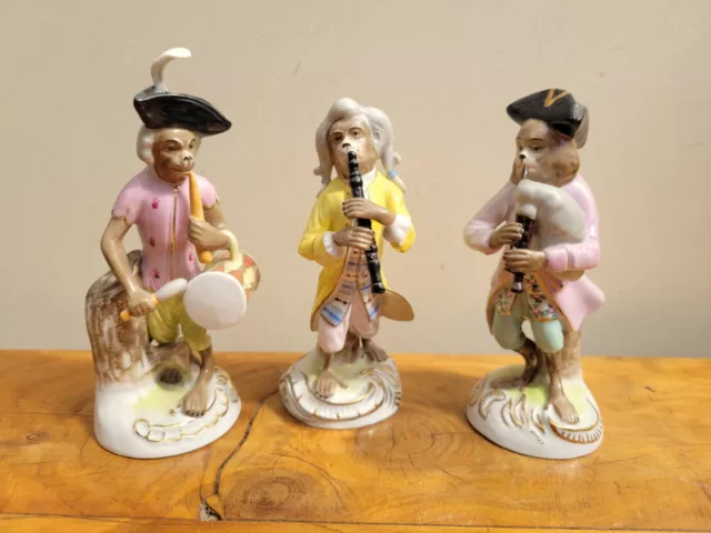 Vintage Kister Porcelain Monkey Band Trio Figures Scheibe Alsbach Thuringa