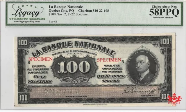 1922 La Banque Nationale $100 Specimen - Legacy AU58 - 510-22-10S