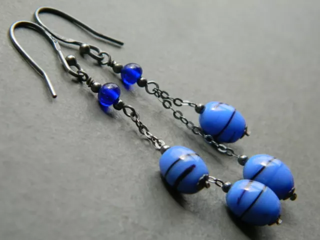 Vintage MURANO Blue & Black Swirl Oval Glass Beads, Oxidised 925 Silver Earrings