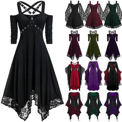 Women Halloween Skull Gothic Fancy Dress Vintage Steampunk Victorian Swing Dress