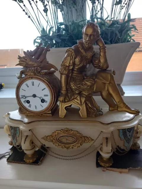 19th Century French Gilt Metal JAPY FRERES figural Mantel Clock ,Alabaster Base