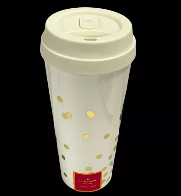 Kate Spade Thermal Travel Mug Cup Coffee Tea Tumbler Insulated Gold Dot 16oz NEW