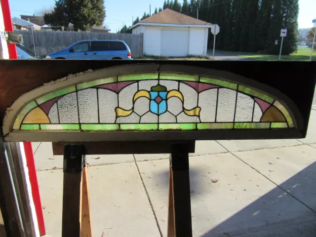 ~ ANTIQUE STAINED GLASS TRANSOM WINDOW ~ 63 x 16.25 ~ ARCHITECTURAL SALVAGE