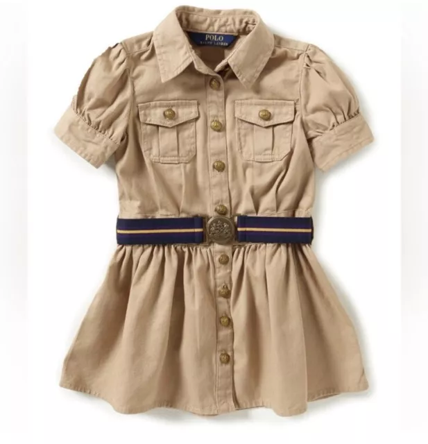 Polo Ralph Lauren Big Girls Belted Safari Cotton Chino Shirtdress Khaki Sz 4