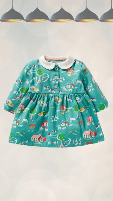 Ex Baby Boden Long Sleeve Jersey Collared Dress in Brook Blue Farmyard