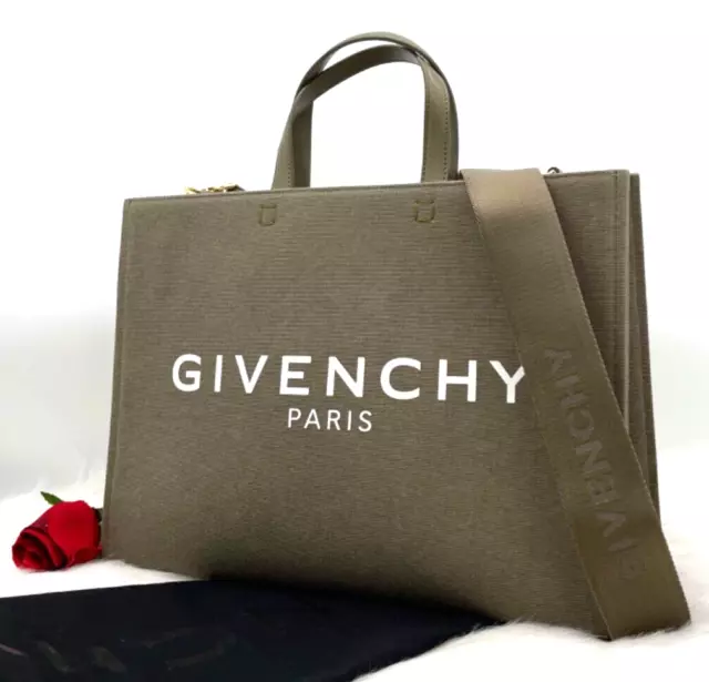 AUTH NWT $1450 Givenchy G Logo Medium Canvas Tote Shopper Bag In Dark Khaki