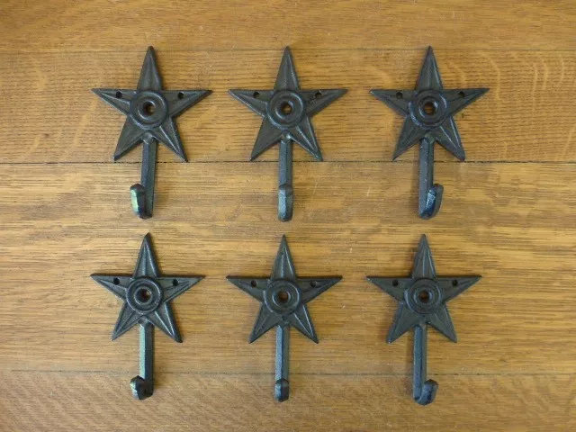 6 SMALL 6" BROWN STAR WALL HOOKS ANTIQUE-STYLE CAST IRON western rustic hat coat