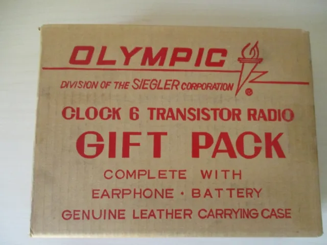 Olympic 1960s 6 transistor clock radio with presentation box and accessories NIB