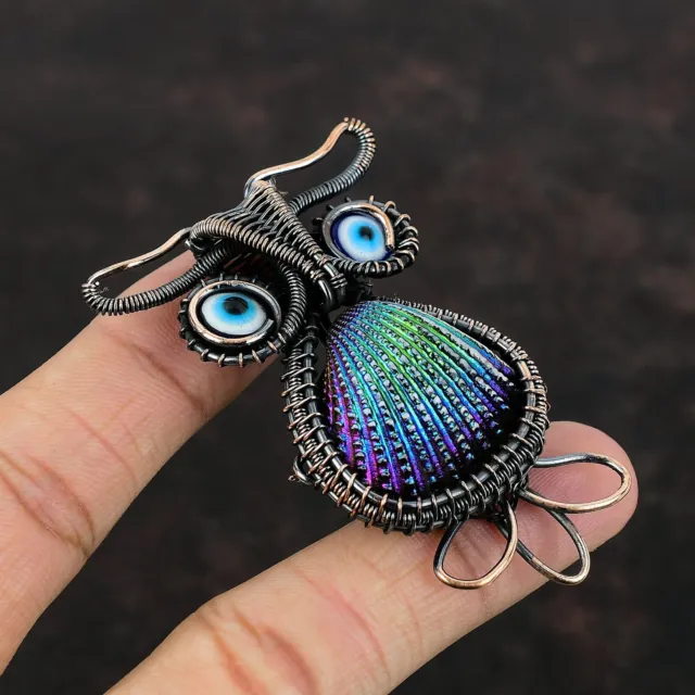 Titanium Coated Shell Copper Gift For Briedsmaid Wire Wrapped Owl Pendant 2.6"