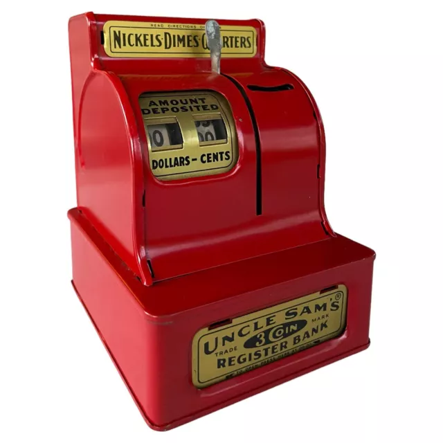 Vintage Red UNCLE SAM'S 3 Coin Register Bank..Works! Distributed by Ohio Art Co. 2