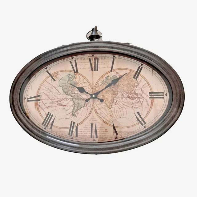 OROLOGIO Da Parete Stazione Vintage Muro In Metallo a Batteria stampa mappamondo