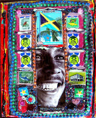 Bob Marley Reggae Music Collage, Original Art Tribute, Jamaica Flag Freedom Folk