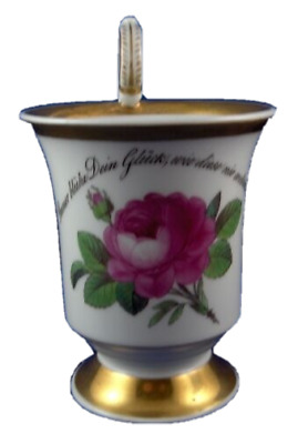 Antiguo 19thC KPM Berlín Porcelana Rosa Flor Taza W/ Diciendo Porzellan Tasse