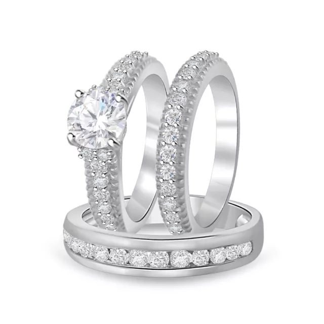 Diamond Wedding 14K White Gold Fn Trio His/Her Bridal Band Engagement Ring Set
