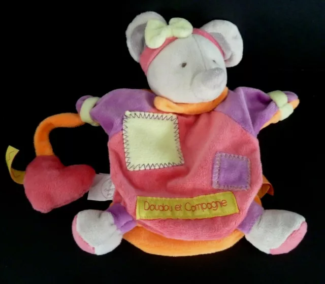 77. DOUDOU ET COMPAGNIE MARIONNETTE SOURIS Zigzag Rose mauve orange coeur NEUF*