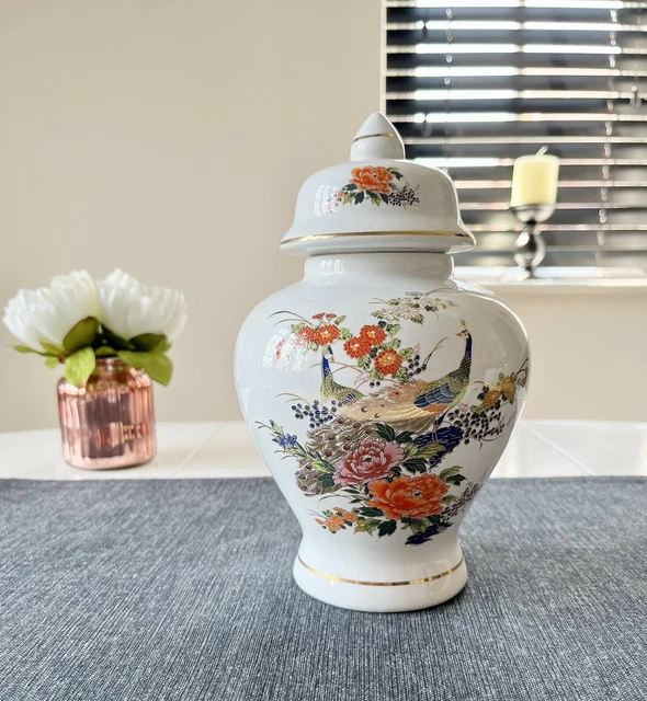 Vintage White Japanese Peacock Ceramic Urn Ginger Temple Jar Vase With Lid