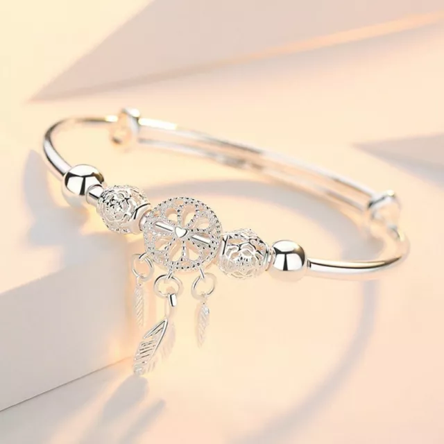 925 Silver Bracelet Cuff Bangle Dreamcatcher Beads Tassel Charm Women Jewerly