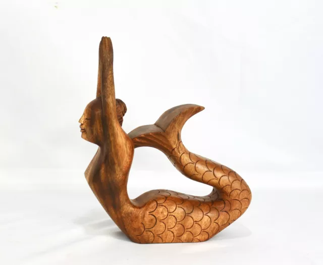 Yoga Pose Mermaid Sculpture Hand Carved wood Statue Handmade Balinese Art