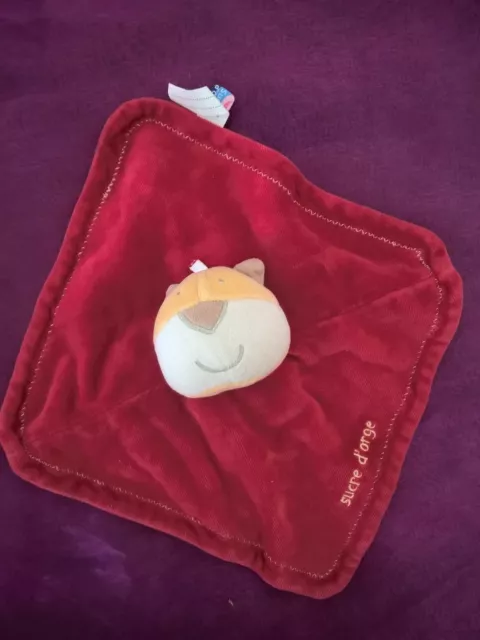 Doudou ours TIGRE CHAT  plat rouge jaune BLANC   SUCRE D ORGE