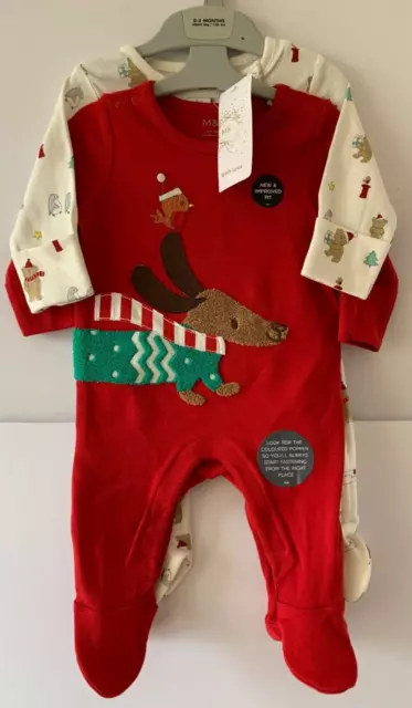 0-3 Mesi Unisex Bambino M&S Set Di 2 Natale Pagliacetto Sonno Abiti Rosso &