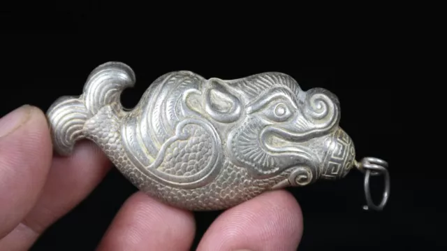 6.5CM Rare Old Chinese Miao Silver Feng Shui Dragon Fish Beast Lucky Pendant