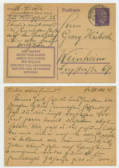 106772 - Ganzsache P 312 /08 - Postkarte - Schriesheim 20.10.1943 nach Weinheim