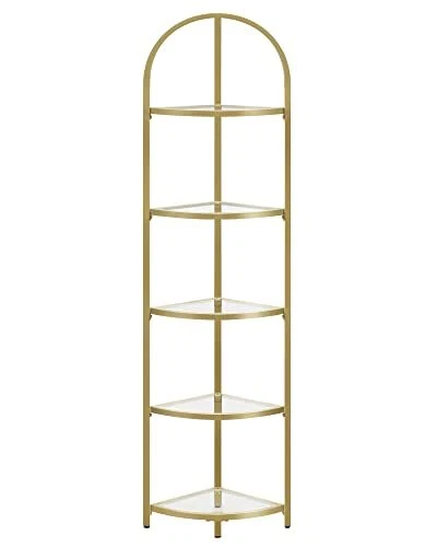 Corner Shelf Stand, 5 Tier Corner Bookshelf, Tempered Glass Shelves, Modern
