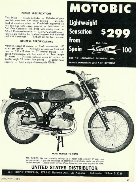 Vintage Ad Print Motobic Lightweight Motorcycle from Spain, 1965, 11 x 8.