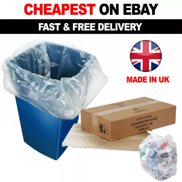 2, 100 Clear Refuse Sacks 140G Large Bin Liners Rubbish Waste Recycling Bags 90L