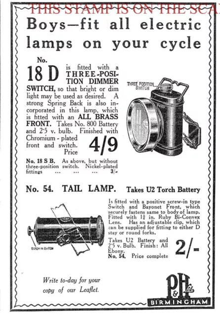 1930s Advert P & H Bicycle Front & Tail Lamps Lights Small Print AD 708/180