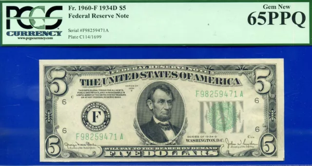 1934D $5 Federal Reserve Note PCGS 65PPQ 2nd highest graded Atlanta Fr 1960-F