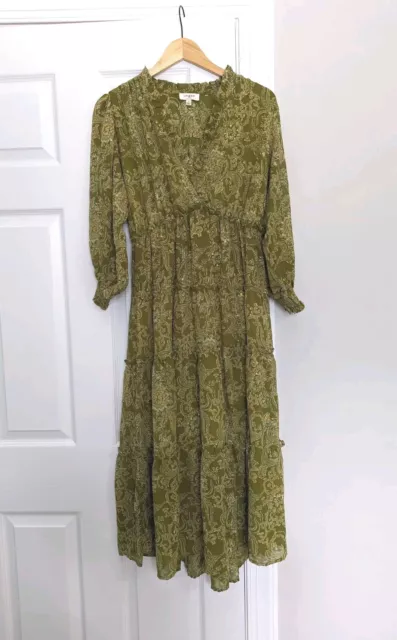 Umgee V Neck Tiered Paisley Olive Green Midi Long Sleeve Dress Size Small