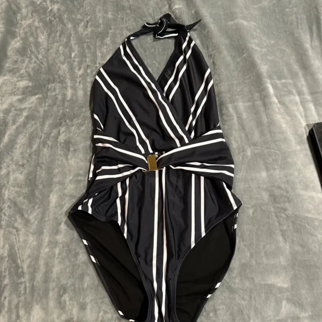 Grace Karin V Neck Halter One Piece Swimsuit Navy & White Striped Size XL