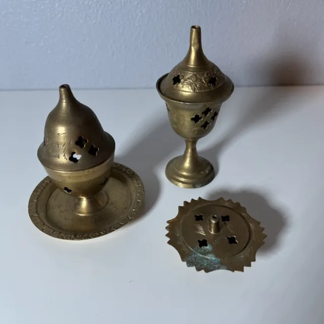 Small Brass India Incense Cone Smoke Burner Lot Of 3 Etched Designs Metal