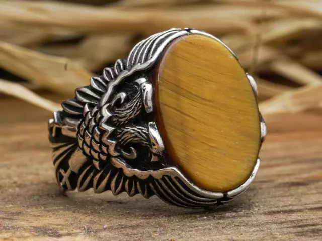 Double Headed Eagle Flat Tiger Eye Stone Solid 925 Sterling Silver Men's Ring