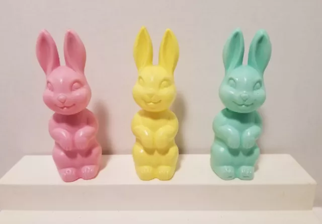 Lot Of (3) Vintage Easter Bunny Rabbits Plastic Blow Mold Pastel Candy Holders