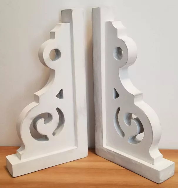 Pair of Distressed White Wood Corbels Shelf Brackets Rustic Farmhouse VSB013