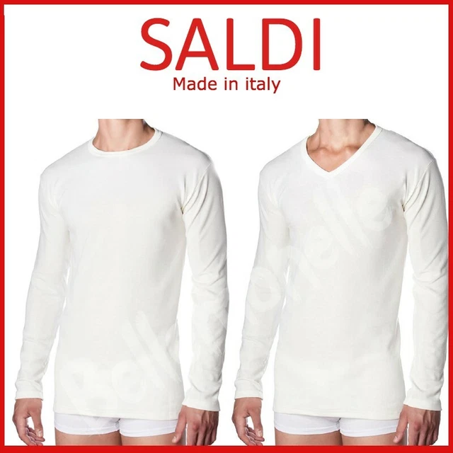 Maglia Intima Uomo Girocollo o scollo V  a Punta  Manica lunga 100% Lana Cotone
