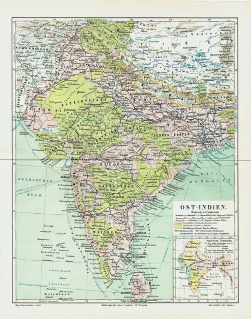 Ostindien Indien Pandschab Madras LANDKARTE von 1889 Ceylon Radschputana