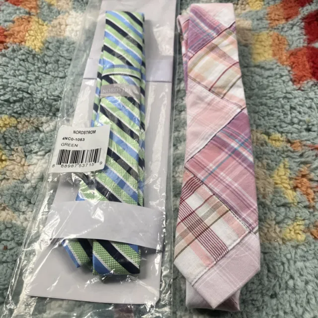 NWT 2 -BOY’S NORDSTROM/Crewcuts Neck Ties Youth - Pink madras cotton, Green Silk