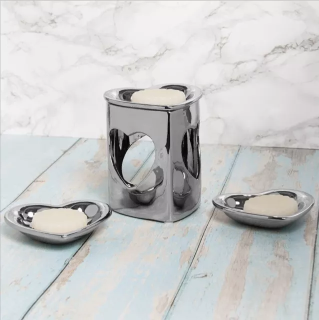 Silver Mirror Finish Ceramic Oil Burner Wax Melter Heart Set