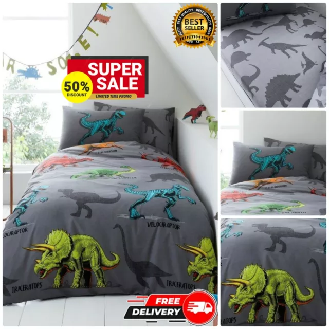 Dino Friend Duvet Cover Set Reversible Matching Quilt Pillowcase Or Fitted Sheet