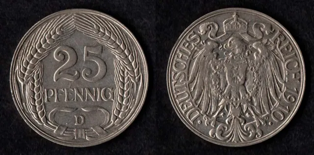 Deutsches Reich Nickel Münze 25 Pfg 1910 D  Reichsadler im Jugendstil