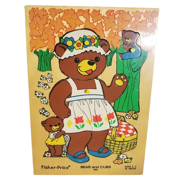 Vintage Fisher-Price Mama BEAR & CUBS in Trees Woods 10-pc Wood Tray Puzzle
