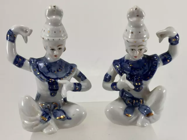 Pair of Thai Siamese Blue/White Porcelain 4" Thailand Temple Dancer Figurines